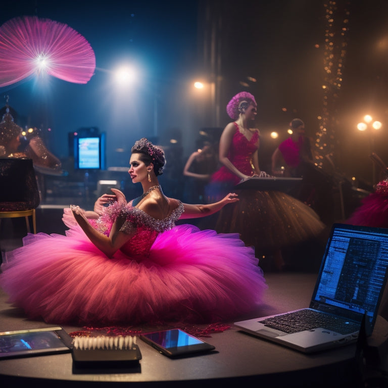 A glamorous, spotlight-lit dancer in a flowing tutu, surrounded by laptops, smartphones, and makeup brushes, with a cityscape or stage lights blurred in the background.