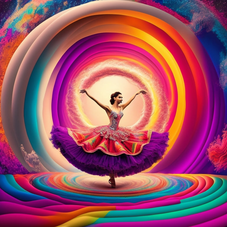 A whimsical illustration featuring a dancer standing in front of a giant, colorful, swirling vortex, surrounded by various dance-inspired props and accessories, with different dance styles (ballet, hip-hop, contemporary) swirling around them.