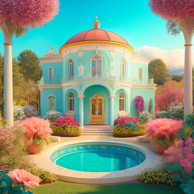 A whimsical illustration of a luxurious villa featuring vibrant, curved corners adorned with lush greenery, colorful flowers, and ornate details, set against a bright blue sky with fluffy white clouds.