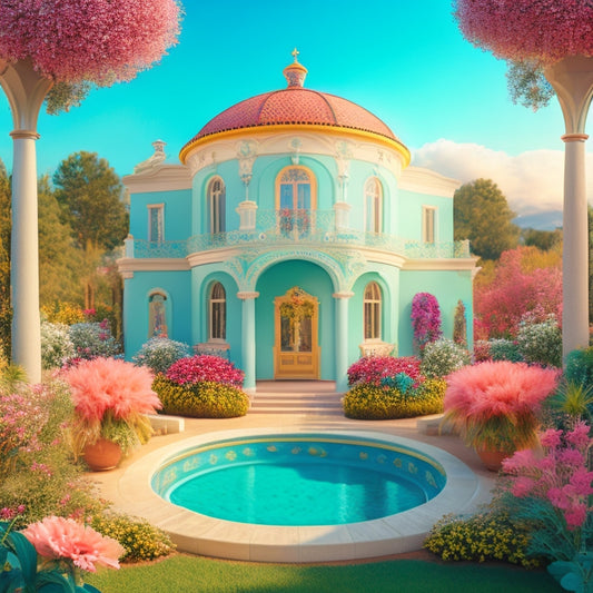 A whimsical illustration of a luxurious villa featuring vibrant, curved corners adorned with lush greenery, colorful flowers, and ornate details, set against a bright blue sky with fluffy white clouds.