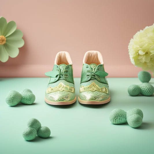 A whimsical illustration featuring a pair of dancing shamrocks, adorned with tiny shoes and holding hands, set against a soft, mint-green background with subtle Celtic knot patterns.