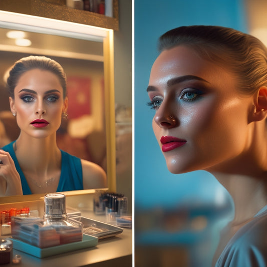 A split-screen image: a dancer's face with flawless, camera-ready makeup on one side, and a cluttered, dimly lit vanity with scattered products and mirrors on the other.