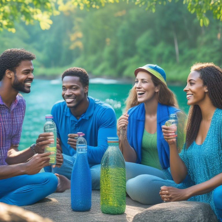 A vibrant outdoor scene showcasing a diverse group of people happily using colorful, reusable eco-friendly water bottles, surrounded by lush greenery and a sparkling river, emphasizing sustainability and connection to nature.