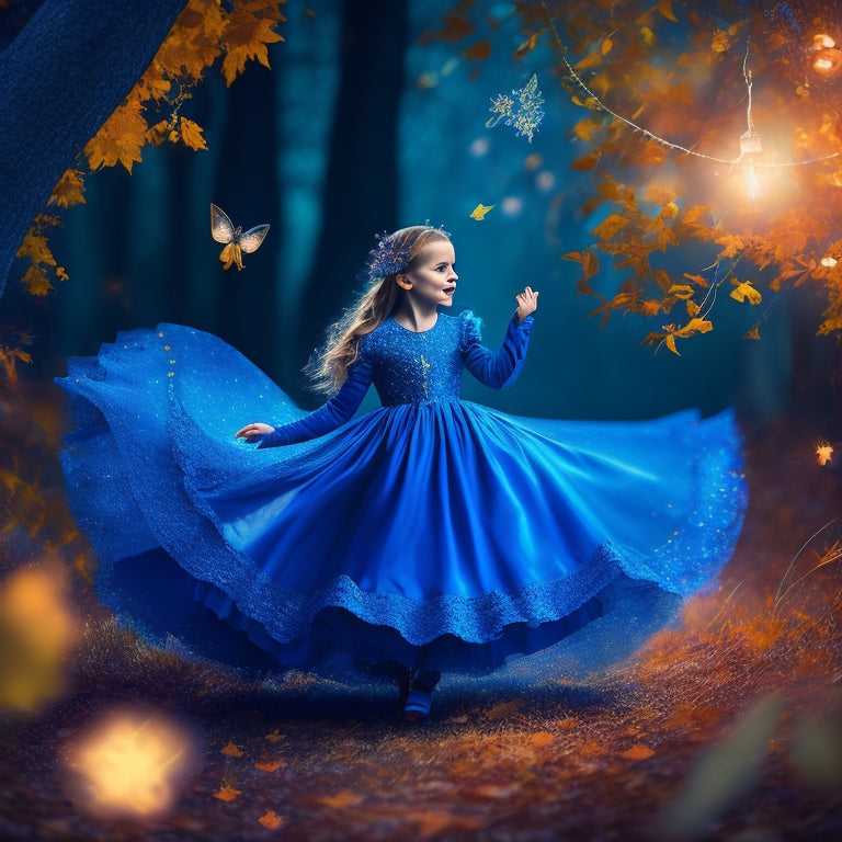 A whimsical illustration of a young girl wearing a flowing, sparkling blue dress, twirling amidst a swirl of autumn leaves, surrounded by fireflies and subtle, shimmering fairy lights.