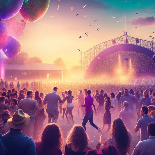 A vibrant illustration depicting a lively dance festival scene at sunset, with confetti and balloons floating in the air, amidst a crowd of diverse, dancing silhouettes, surrounded by DJ booths and ticketing kiosks.