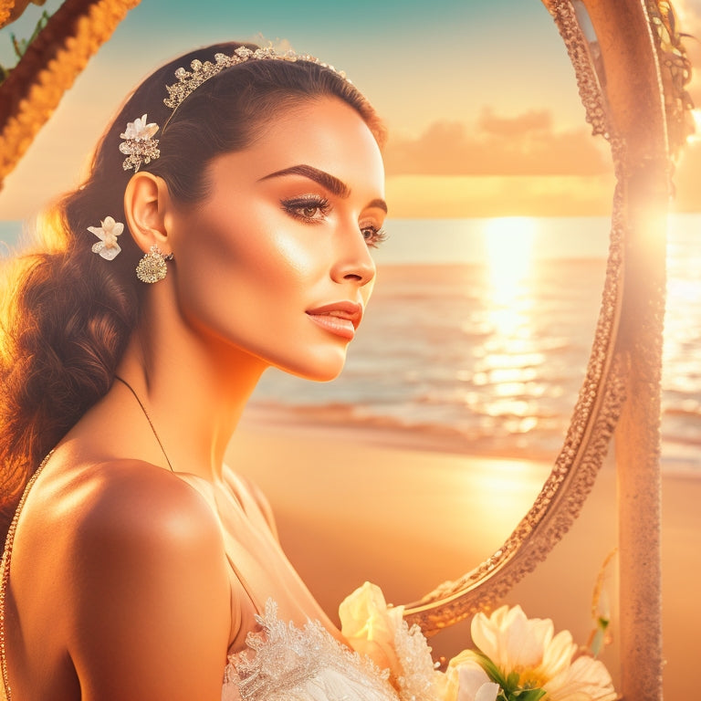 A serene, golden-lit beach scene at sunset, featuring a stunning bride in a lace, strapless gown, gazing into a ornate, beveled mirror, surrounded by tropical flowers and lush greenery.