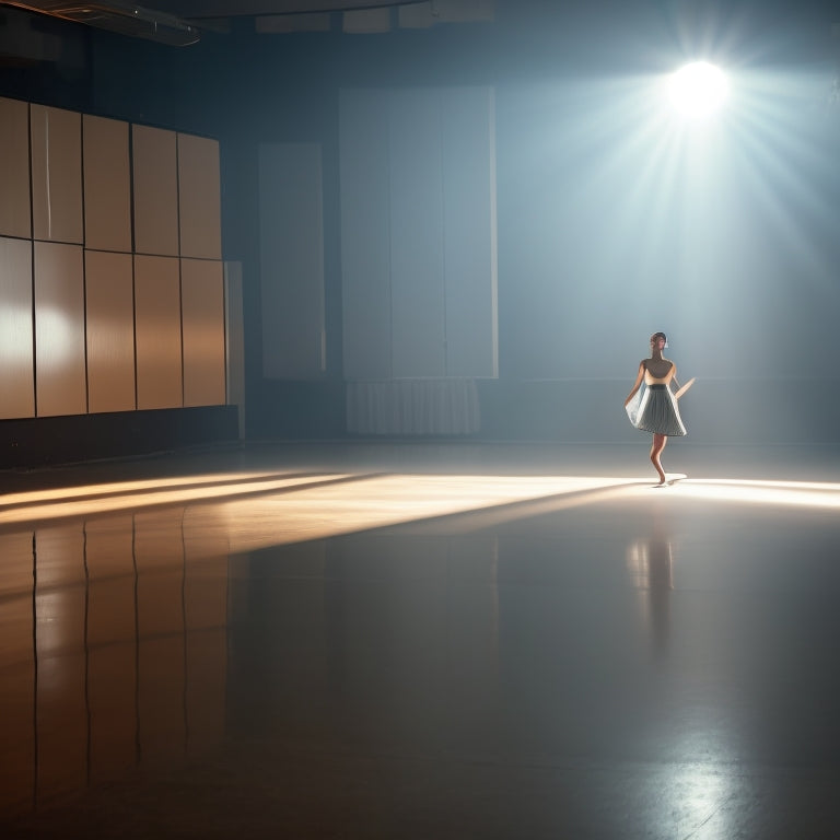 A dimly lit dance studio with a lone dancer in the center, surrounded by empty mirrors, with a spotlight shining down, and a subtle shadow of a mirror's outline on the wall behind them.