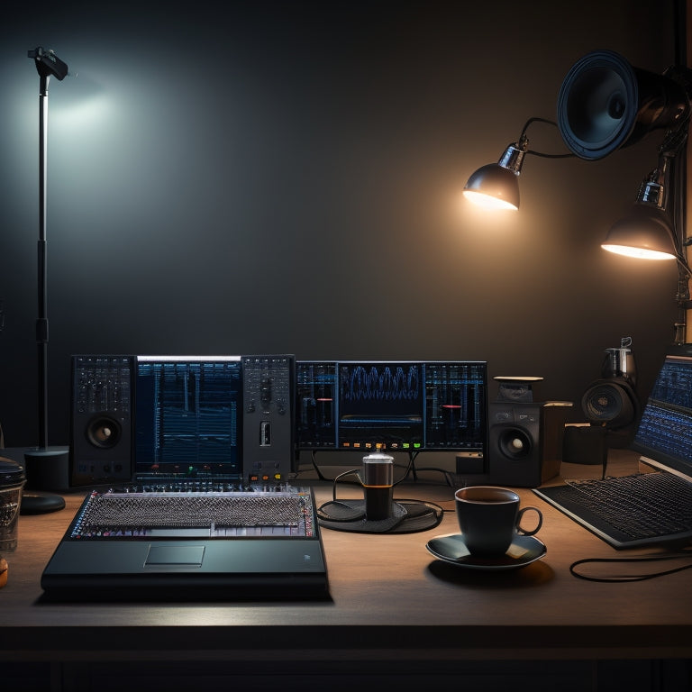 A dark studio background with a single, spotlight-illuminated mixing console, surrounded by scattered headphones, cables, and empty coffee cups, with a large, sleek monitor displaying a waveform.