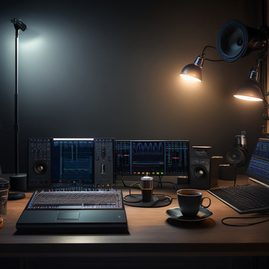 A dark studio background with a single, spotlight-illuminated mixing console, surrounded by scattered headphones, cables, and empty coffee cups, with a large, sleek monitor displaying a waveform.