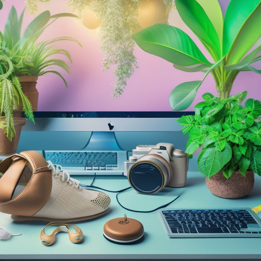 A stylized illustration of a laptop surrounded by dance-related elements, such as ballet shoes, headphones, and a dance studio backdrop, with growing plants and rising graphs in the background.