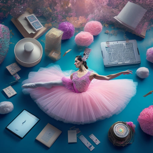 A whimsical illustration of a ballet dancer surrounded by swirling e-papers, tablets, and laptops, with subtle ballet shoes and music notes incorporated into the digital elements.