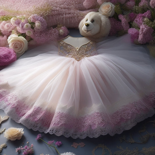 A whimsical illustration of a flowing, layered tutu in shades of blush, lavender, and ivory, surrounded by delicate lace, flowers, and intricate embroidery patterns, set against a soft, creamy background.