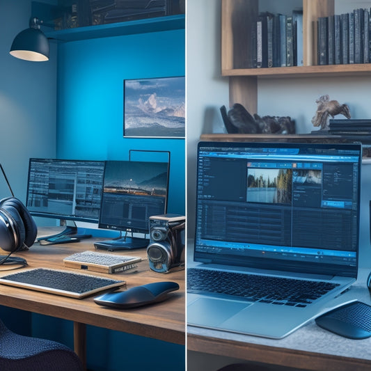 A split-screen image featuring a cluttered, chaotic music editing workspace on one side, contrasted with a tidy, organized workspace on the other, with a sleek laptop, headphones, and a few neatly labeled folders.