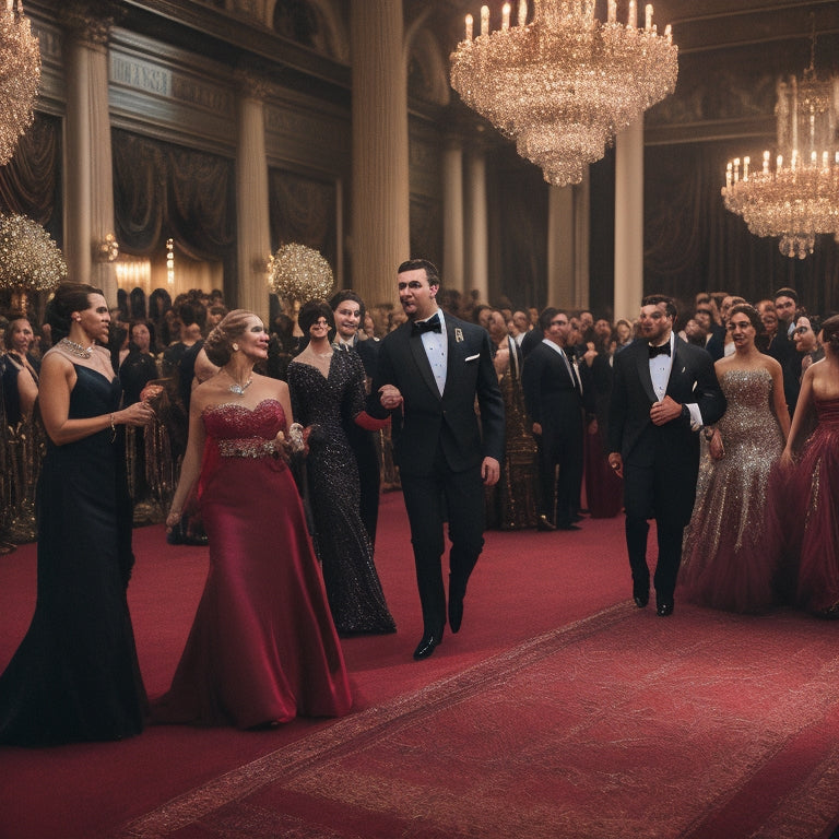 A glamorous evening gala scene featuring elegantly dressed individuals in formal attire, shimmering chandeliers overhead, and a red carpet entrance, highlighting a stylish arrival amidst a crowd admiring their sophisticated looks.