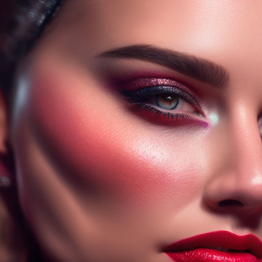 A close-up of a dancer's face, spotlight-lit, with bold, shimmering eye shadow, precisely lined eyeliner, and a bold, red lip color, surrounded by soft, blurred-out stage lights.