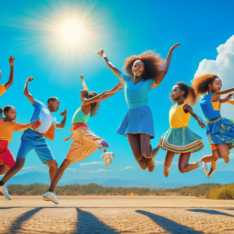 A vibrant, sun-kissed illustration depicting a diverse group of dancers, ranging from children to adults, leaping, twirling, and moving in unison against a bright, gradient blue summer sky.