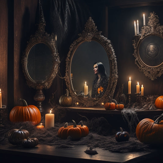 A dark, eerie background with cobwebs, lit jack-o'-lanterns, and a mirror reflecting a ghostly figure, surrounded by spooky makeup, wigs, and prosthetics, with a dimly lit vanity in the center.