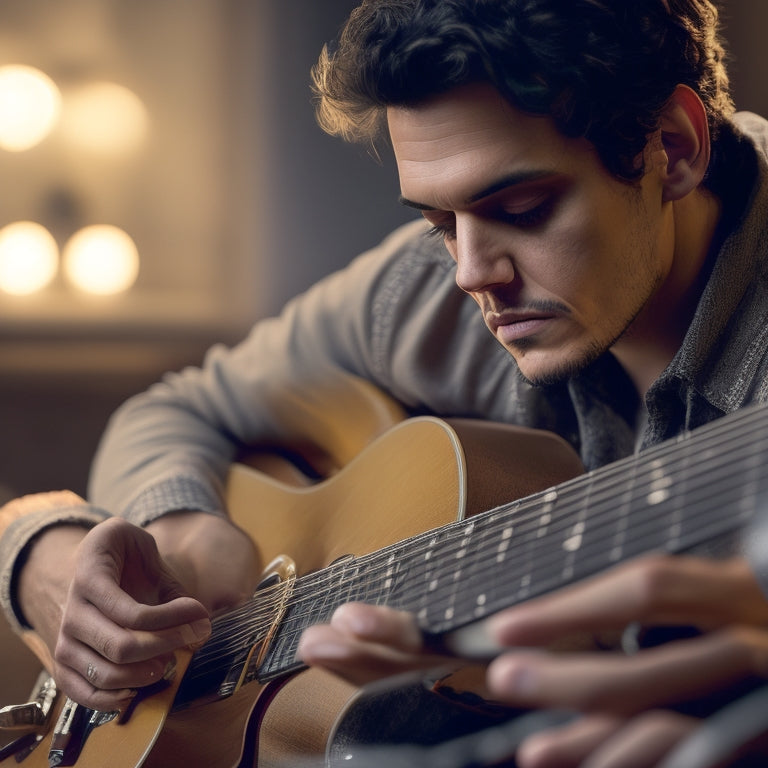 A warm-toned, intimate illustration of John Mayer's hands cradling his guitar, fingers poised on the fretboard, surrounded by subtle music notes and faint stage lights, evoking a sense of mastery and creativity.