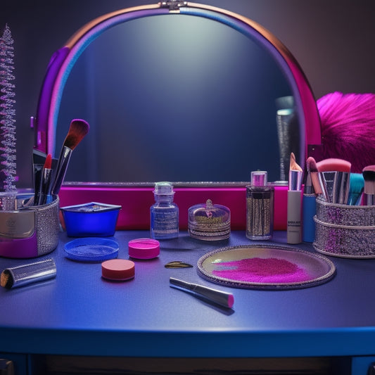 A vanity table with multiple theatrical makeup kits, brushes, sponges, and a mirror reflecting a half-transformed actor's face with colorful prosthetics and glittering eyeshadow.