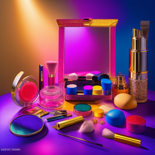 A vibrant, colorful image featuring a professional makeup artist's kit, with various products and tools scattered around a vanity, surrounded by dance-inspired elements like ballet shoes and glittering costumes.