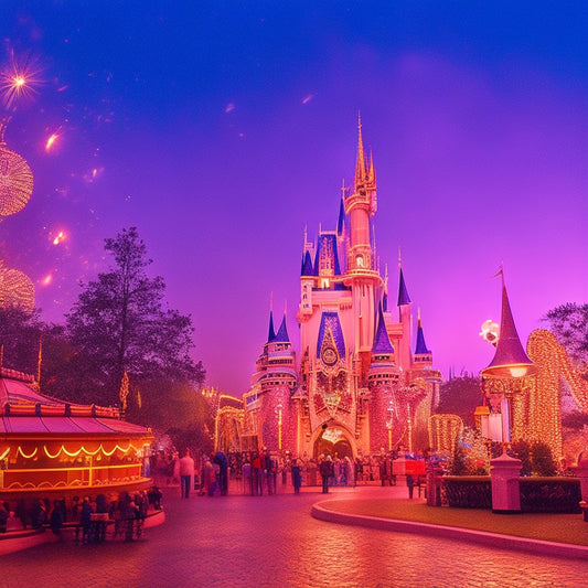 A whimsical nighttime scene at the Magic Kingdom, with sparkling fireworks illuminating Cinderella's Castle, surrounded by warm string lights, and vintage lanterns aglow amidst a sea of nostalgic Disney characters.
