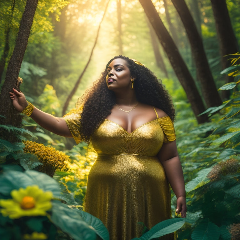 A vibrant, golden aura surrounds a strong, curvy woman, arms outstretched, standing in a lush, green forest, surrounded by blooming flowers, with a subtle, shimmering light emanating from her core.