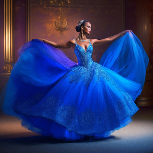 A stunning ballroom dancer twirls gracefully in a flowing, sequined gown, vibrant hues of royal blue and shimmering silver, surrounded by soft, ethereal lighting that highlights the intricate beadwork and layered tulle skirt.