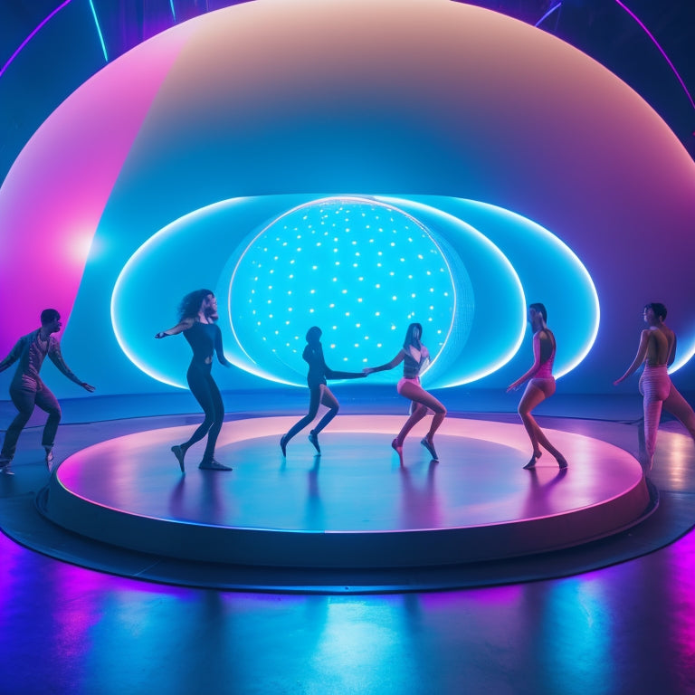 A futuristic dance studio with neon-lit mirrors, holographic projections of dancers in motion, and a giant, glowing orb pulsing with rhythmic energy at its center.