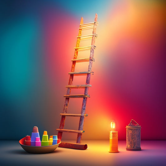 A stylized illustration of a ladder with rungs made of paintbrushes, rising towards a bright, glowing light, surrounded by scattered artistic tools and creative elements, against a warm, gradient background.