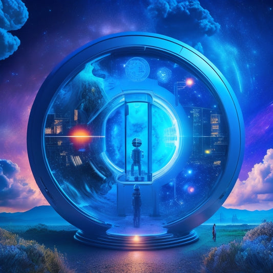 A futuristic, glowing portal with swirling STEM symbols (circuit boards, atoms, formulas) surrounded by diverse, vibrant career icons (lab coats, robots, architecture models) against a dark blue, starry night sky.