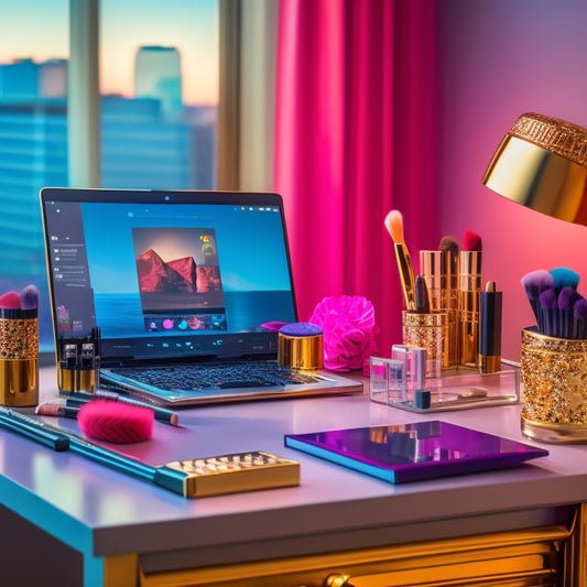 A beautiful, glamorous makeup station with a laptop in the center, surrounded by various makeup brushes, colorful eyeshadows, and lipsticks, with a subtle cityscape or fashion-inspired background.