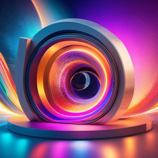 A futuristic, minimalist background with a large, rotating 3D flipbook at its center, surrounded by swirling, colorful particles and subtle, glowing light trails, evoking innovation and interactivity.