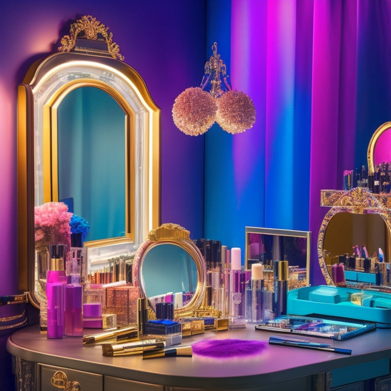 A clutter-free, well-lit makeup station with a mirror, brushes, and a color palette, surrounded by dance-inspired makeup looks on a mood board, with a few dance shoes and costumes in the background.