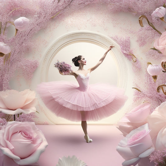 A whimsical illustration featuring a delicate, hand-drawn ballerina surrounded by swirling ribbons, flowers, and musical notes, set against a soft, pastel pink background.