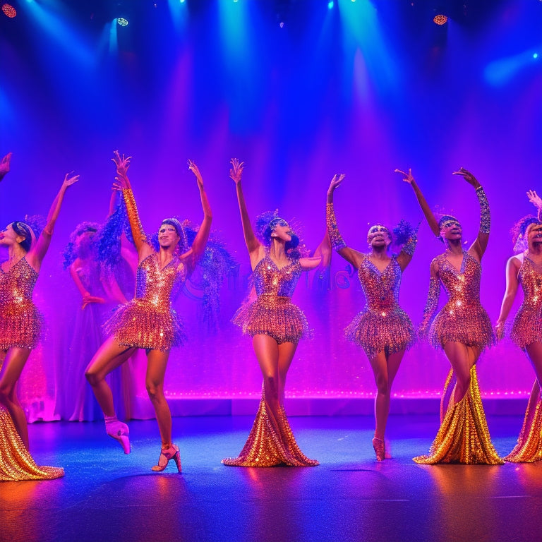 A vibrant stage scene showcasing dancers in dazzling sequined costumes, glimmering under colorful lights. Include varied styles: a fringed dress, a fitted bodysuit, and a flowing skirt, all embellished with shimmering rhinestones.