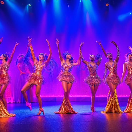 A vibrant stage scene showcasing dancers in dazzling sequined costumes, glimmering under colorful lights. Include varied styles: a fringed dress, a fitted bodysuit, and a flowing skirt, all embellished with shimmering rhinestones.
