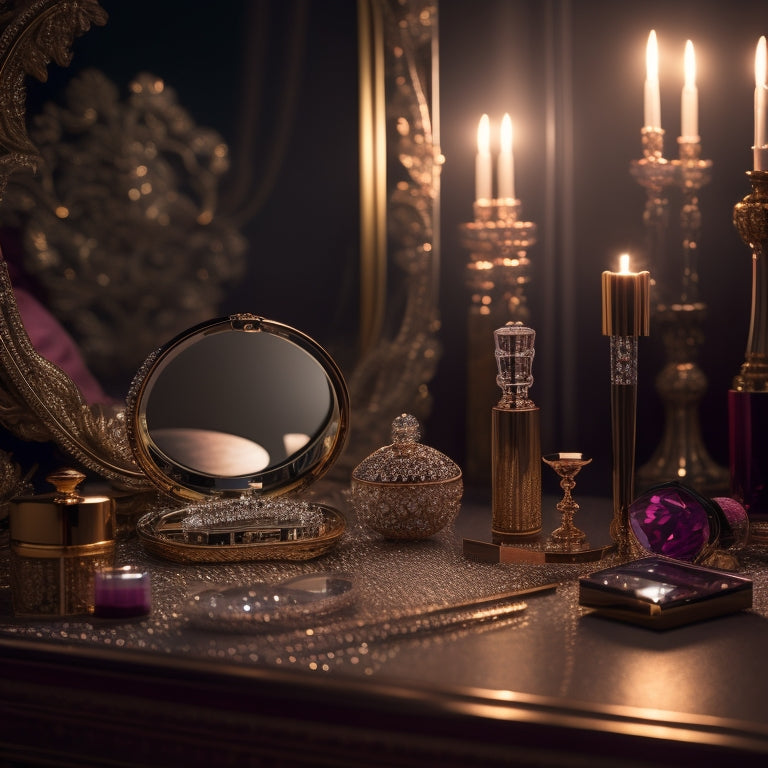 A glamorous, dimly lit vanity setup with a ornate, gold-rimmed mirror, surrounded by makeup brushes, compacts, and crystal perfume bottles, with a few strategically placed, sparkling jewels.