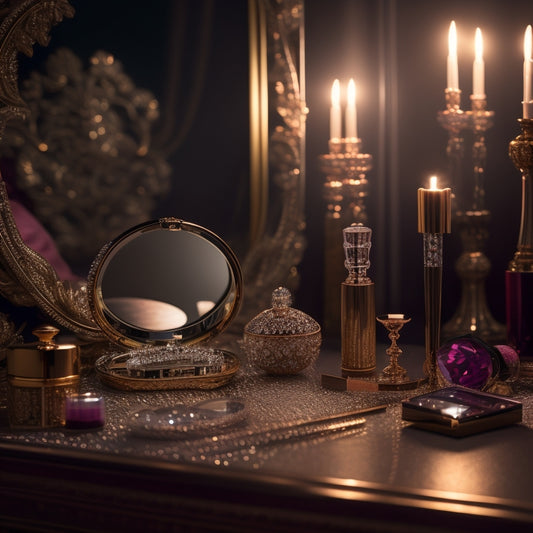 A glamorous, dimly lit vanity setup with a ornate, gold-rimmed mirror, surrounded by makeup brushes, compacts, and crystal perfume bottles, with a few strategically placed, sparkling jewels.
