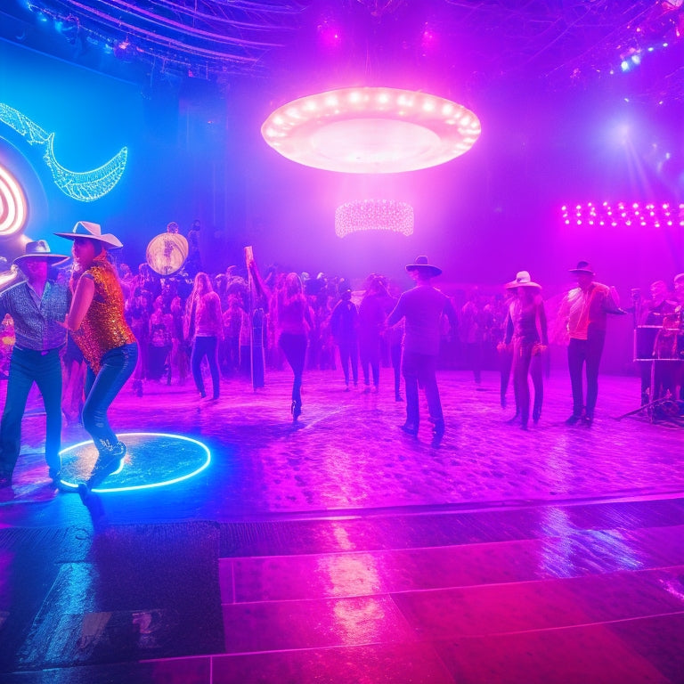 A neon-lit, retro-style dance floor filled with cowboy-hat-wearing patrons line dancing in front of a stage with a giant, gleaming guitar and sparkling disco balls.