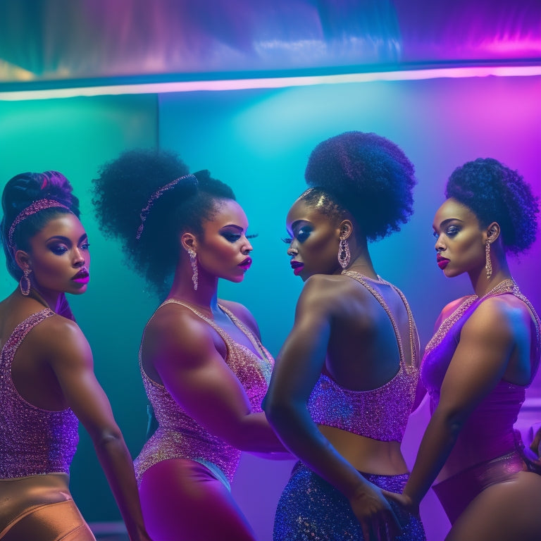 A group of 5 diverse dancers, each with a unique, bold, and flawless makeup look, posing together in a colorful, dimly lit dance studio, surrounded by mirrors and dance equipment.