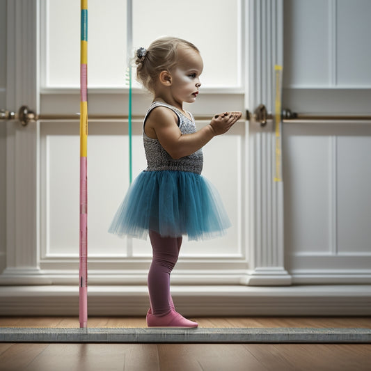 A whimsical illustration of a toddler, approximately 2-3 years old, standing beside a ballet barre, with measuring tape or ruler adjacent, showcasing correct barre height in relation to the child's elbow bend.