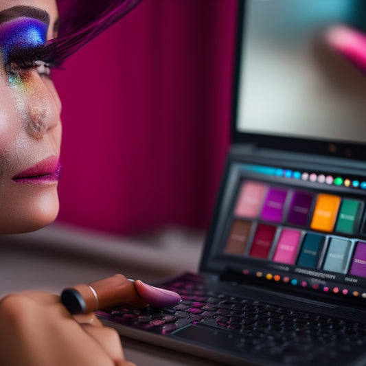 A close-up of a person holding a makeup brush, surrounded by colorful eyeshadows and lipsticks, with a laptop screen in the background displaying a virtual makeup tutorial.