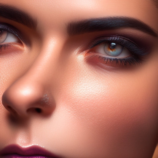 A dramatic, spotlight-lit close-up of a dancer's face, with bold, shimmering eyeshadow, defined brows, and luscious lashes, against a dark, gradient background with subtle stage lights.