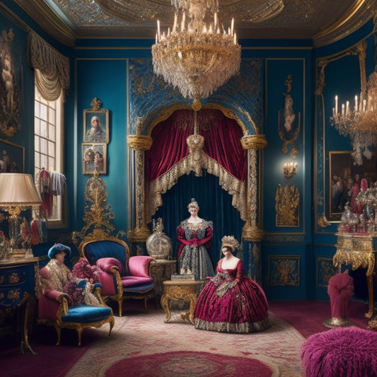 A whimsical illustration featuring a grand, ornate dressing room with a velvet curtain backdrop, adorned with an array of eclectic costumes, wigs, hats, and props, surrounded by ornate mirrors and lavish furniture.