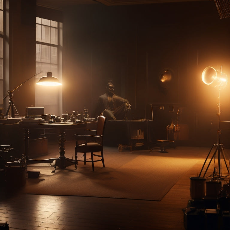 A dimly lit Manhattan studio interior with warm golden tones, soft-focus lights, and sensual shadows, featuring a lone, elegant figure in silhouette, surrounded by scattered photographs and film equipment.