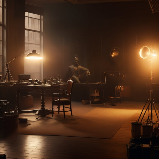 A dimly lit Manhattan studio interior with warm golden tones, soft-focus lights, and sensual shadows, featuring a lone, elegant figure in silhouette, surrounded by scattered photographs and film equipment.