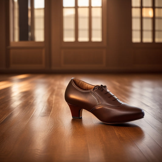 A pair of sleek, modern dance shoes with stylish ankle support, displayed on a polished wooden floor, surrounded by soft, ambient lighting that highlights their contours and textures, evoking comfort and performance in motion.