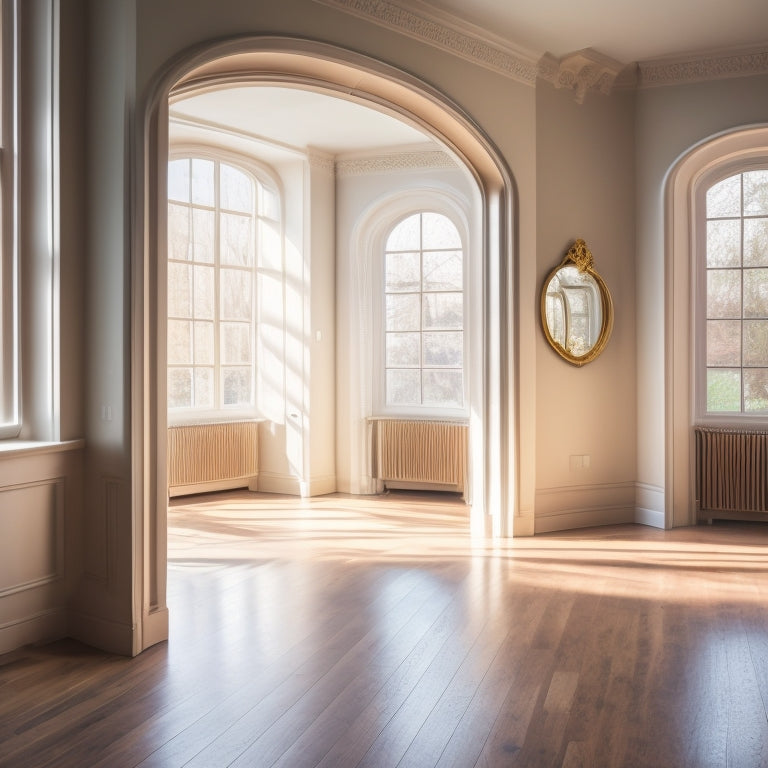 A serene dance studio with wooden floors, featuring a pair of elegant arch stretchers. A dancer gracefully stretches against a wall mirror, sunlight filtering through large windows, highlighting their poised form and flexible arches.