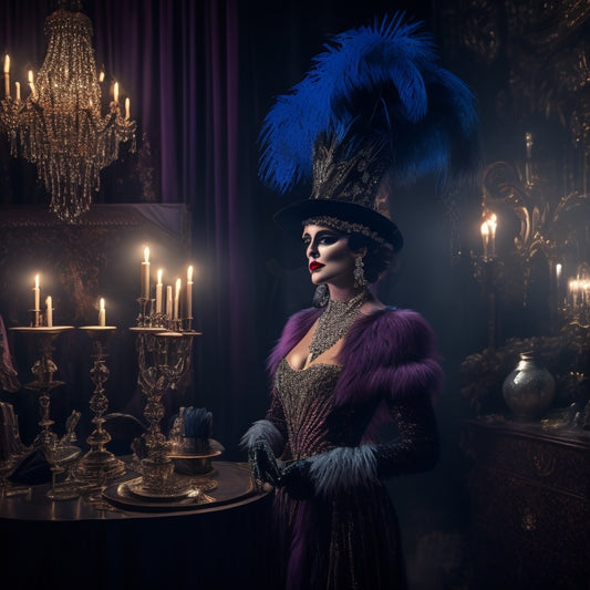 A dimly lit, velvet-draped backstage area with a ornate, antique dresser displaying a top hat, feathered mask, opera gloves, and a sparkling, beaded flapper dress, surrounded by spotlights and empty costume racks.