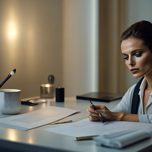 A serene, minimalist background with a makeup artist gently holding a brush, surrounded by scattered contract papers, a pen, and a subtle scale of justice in the corner, conveying protection and professionalism.